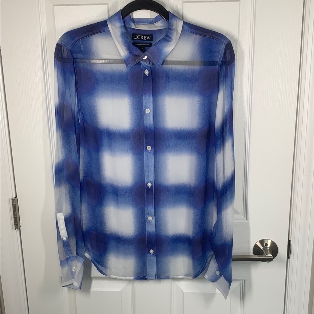 J Crew Garcon classic fit sheer blouse blue and white size 12